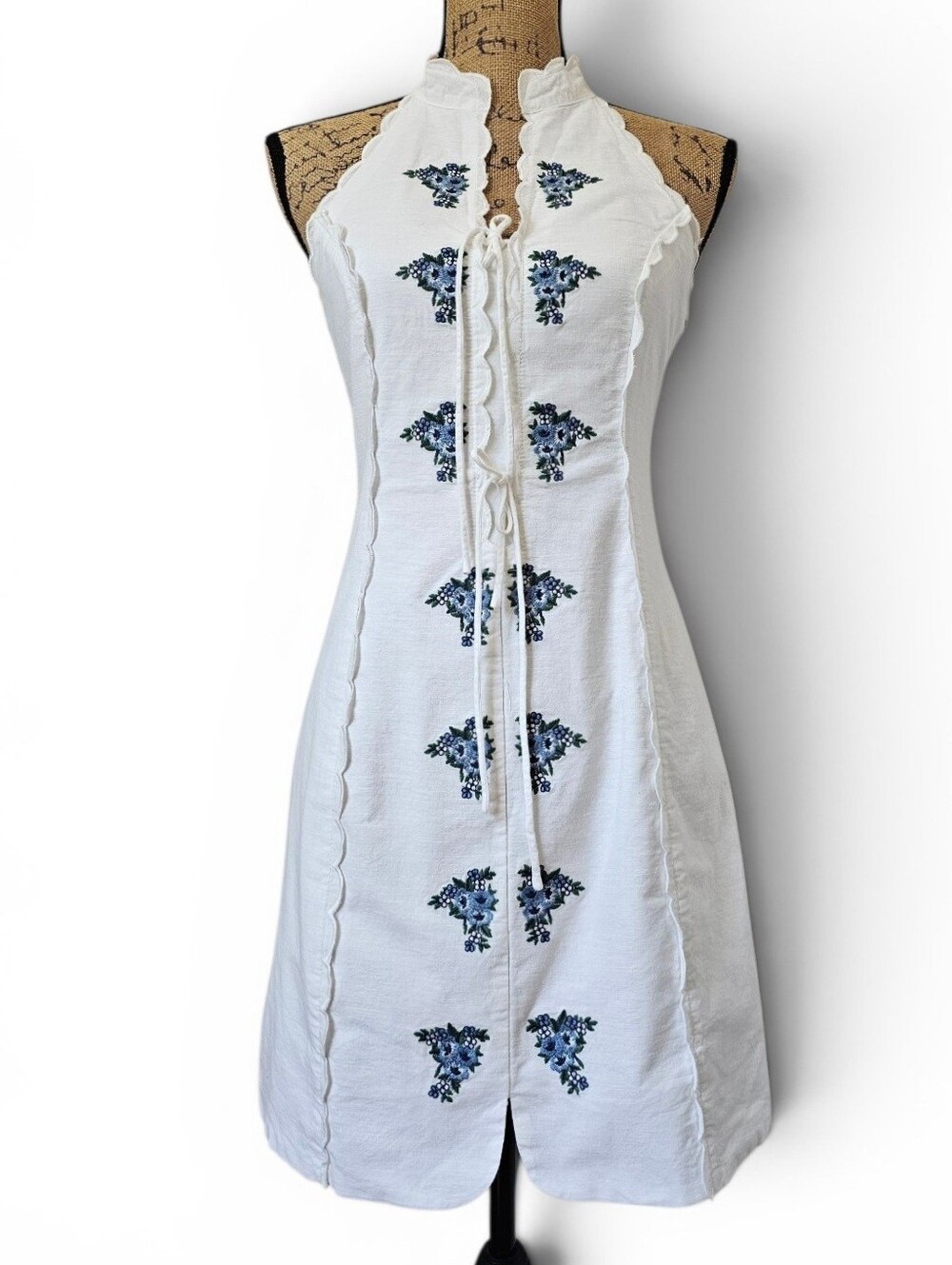 Fate White Embroidered Halter Mini Dress with Blue Floral Detail Boho, Size M